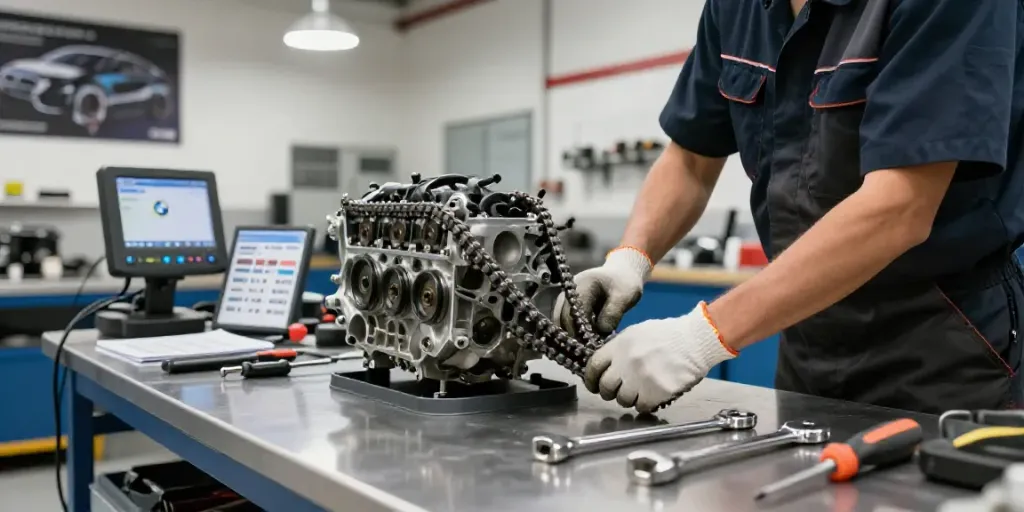 BMW steuerkette wechseln by technician in automotive workshop with tools and focused preparation.