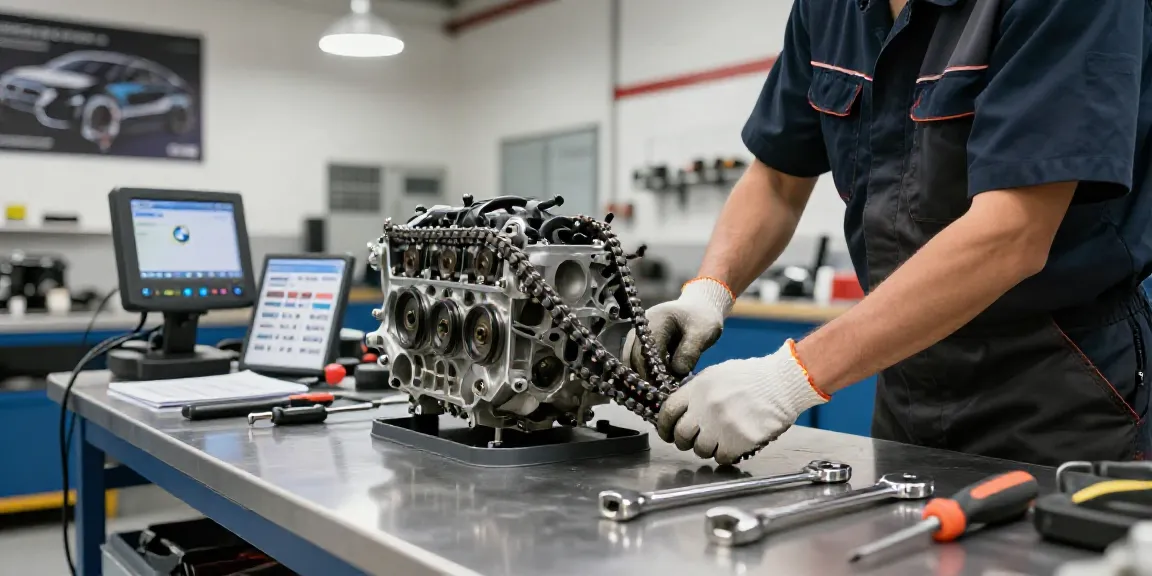 BMW steuerkette wechseln by technician in automotive workshop with tools and focused preparation.