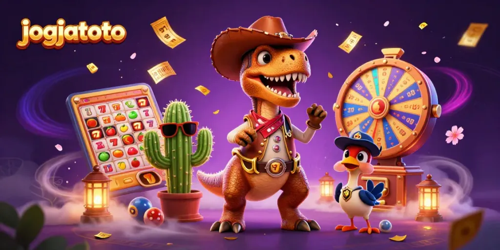 Engage with jogjatoto's thrilling slot experience through a dynamic 3D scene featuring vibrant casino elements.