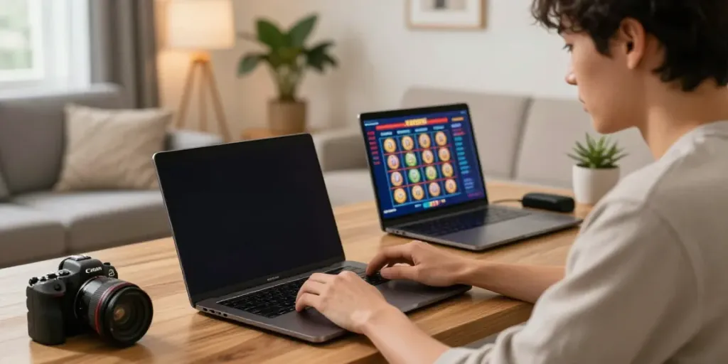 Engaged player enjoying judi slot online on a laptop in a cozy setting.