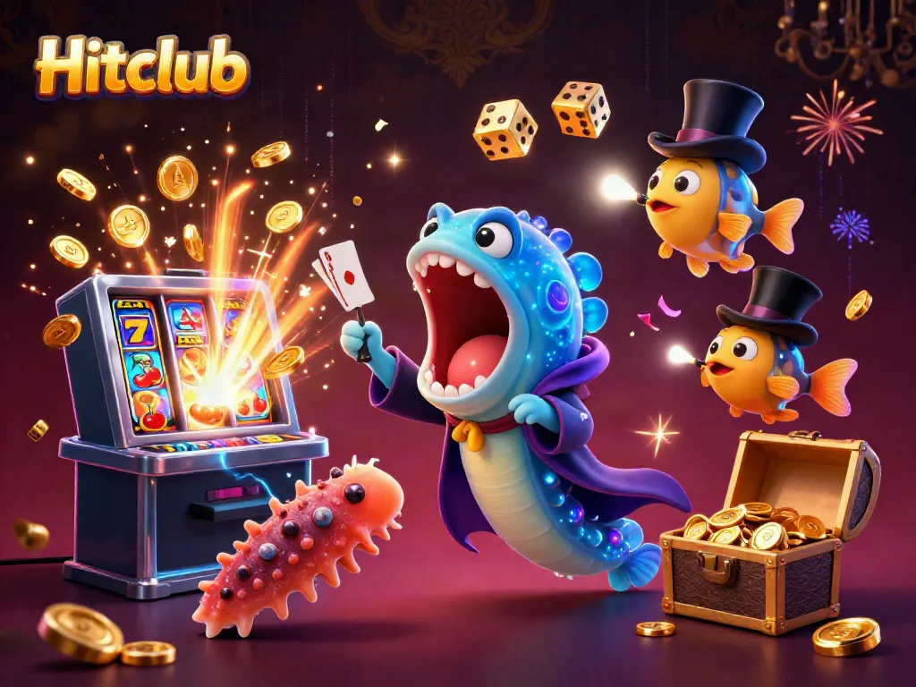 Hitclub's magical scene with a deep-sea gulper eel performing card tricks in an underwater casino, surrounded by exciting games and treasures.