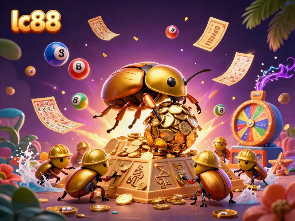 Engage with exciting lc88 gameplay featuring golden beetles rolling coins and lottery elements.
