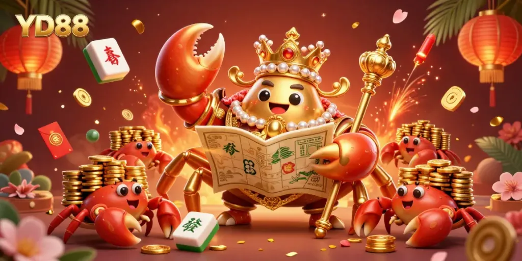 Experience thrilling gameplay at YD88 with our golden crab emperor in a treasure-filled world, showcasing vibrant casino elements.