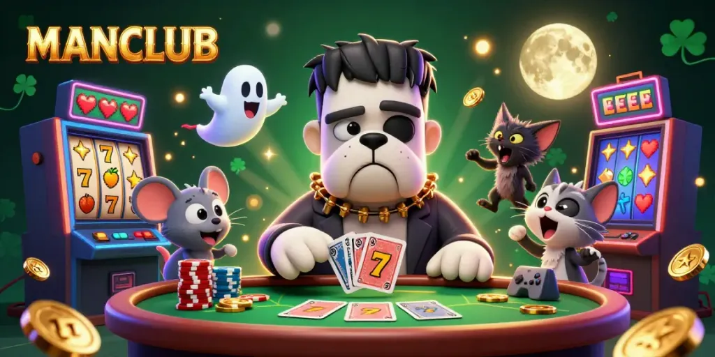 MANCLUB showcases a lively casino scene with a Frankenstein bulldog dealing cards amidst spinning slot reels.