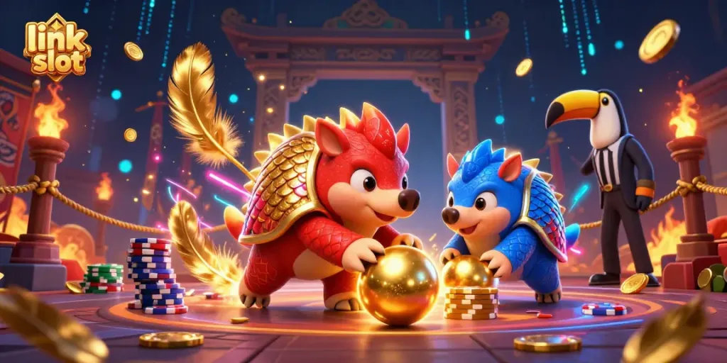 Experience the excitement of the link slot game featuring rival pangolins rolling through poker chips.