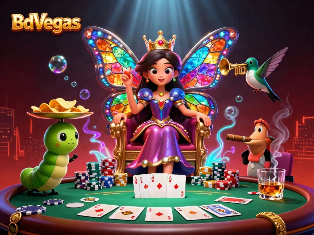 Experience exciting gaming at BdVegas with vibrant characters, poker elements, and dynamic casino atmosphere.