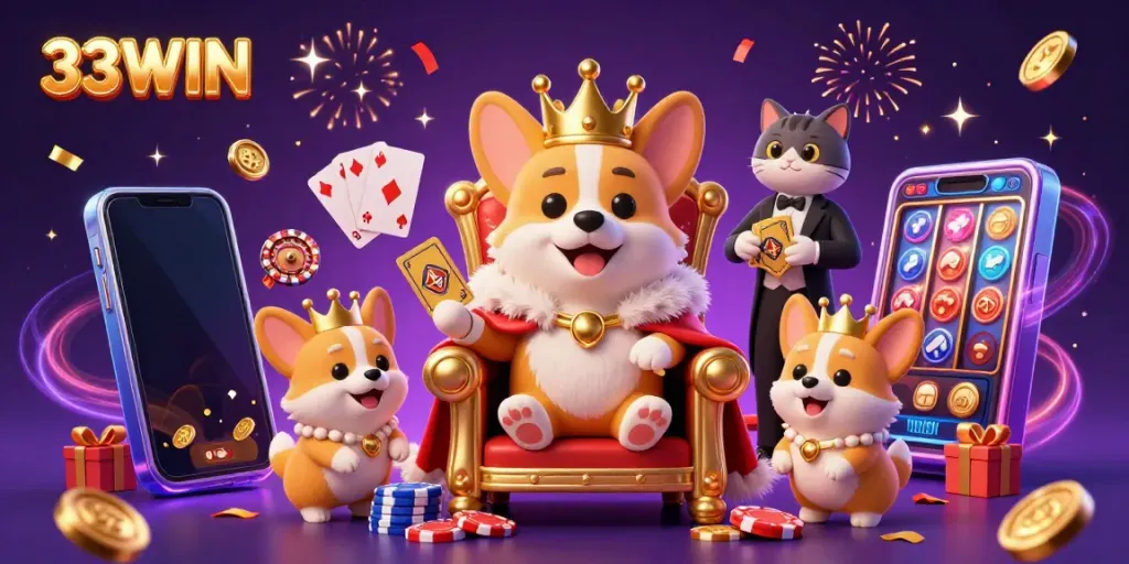 Experience 33WIN with a playful royal corgi and casino elements in a vibrant 3D scene full of excitement.
