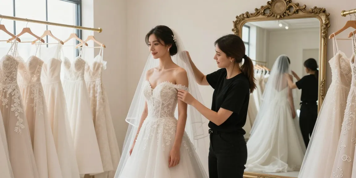 Bridal styling: consulenza ateljé per un abito da sposa con accessori raffinati.