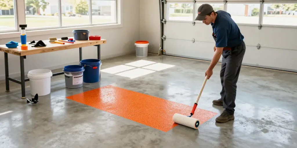 Elevate Epoxy Flooring installation in a professional garage setting highlighting vibrant flake options.