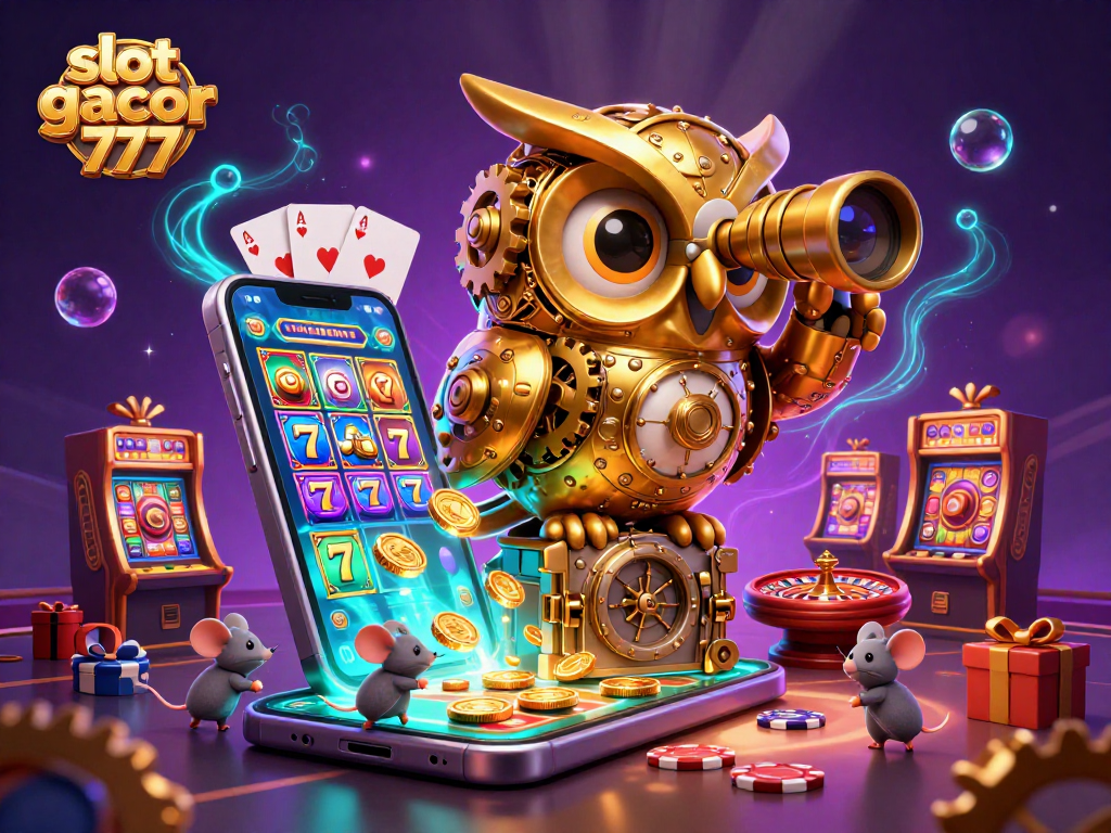 Engage in the thrilling world of slot gacor 777 with a vibrant casino scene featuring dynamic characters and gaming elements.