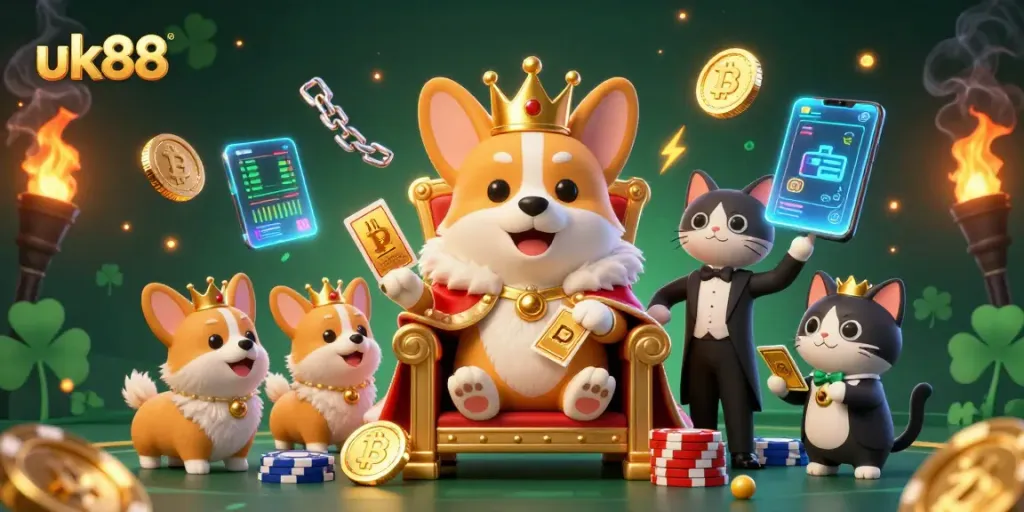 Experience the excitement of uk88 with the royal corgi and his fortune in a dazzling casino scene.
