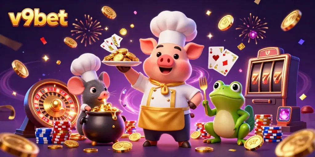 Win big with v9bet by enjoying a lively 3D casino illustration of unique characters and games.