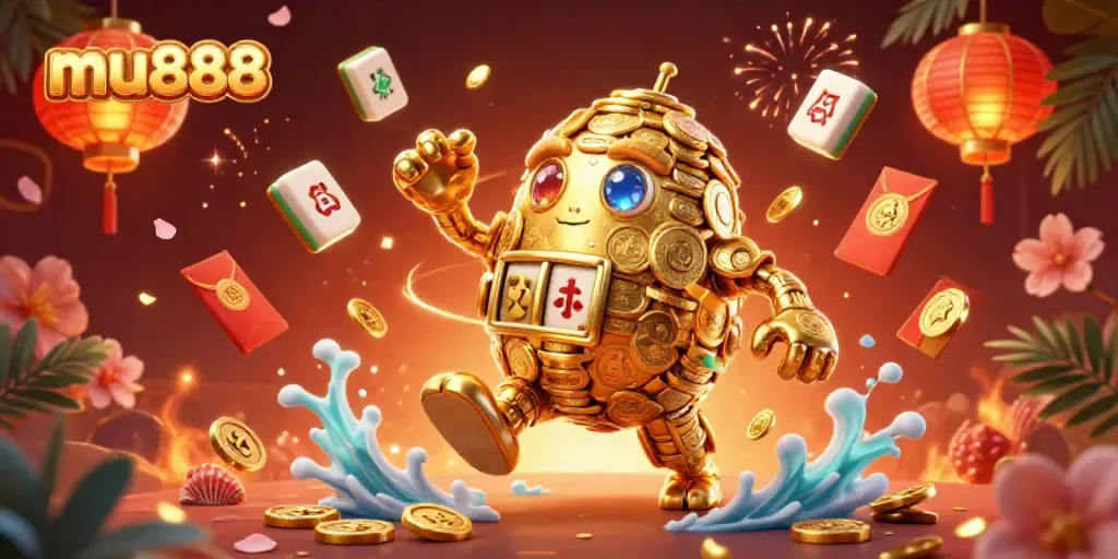 Experience the magic of mu888 with a golden golem surrounded by vibrant casino elements and festive motifs.