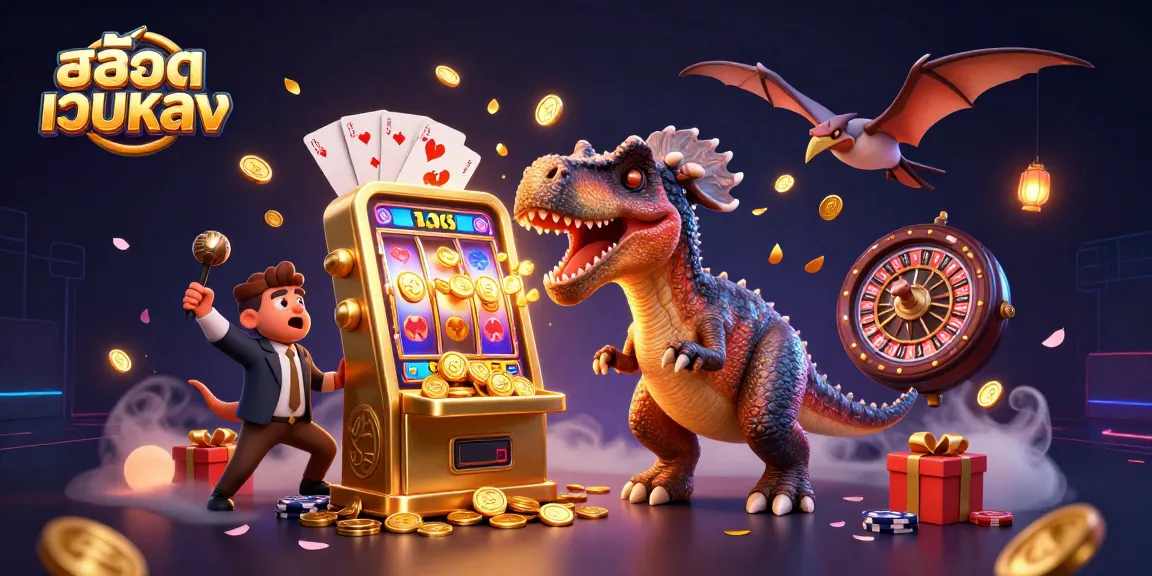 เล่นสล็อตเว็บตรง as a pachycephalosaurus wins coins from a golden slot machine in a vibrant casino scene