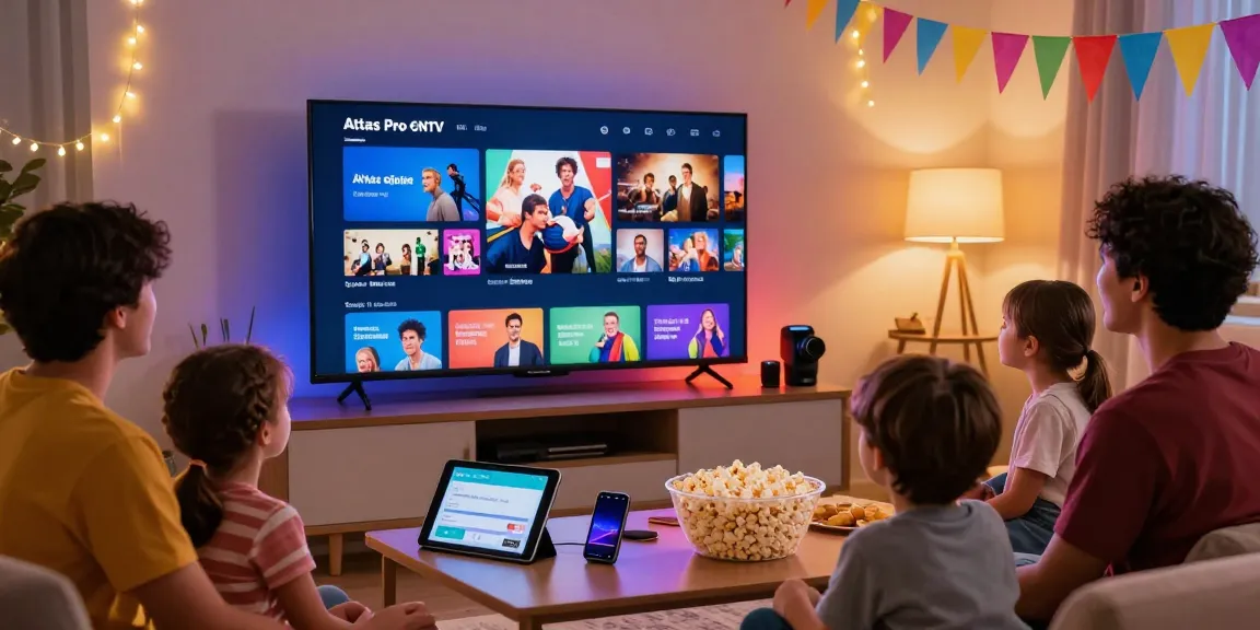 Famille profitant du streaming IPTV Atlas Pro sur Smart TV avec des collations et des appareils.