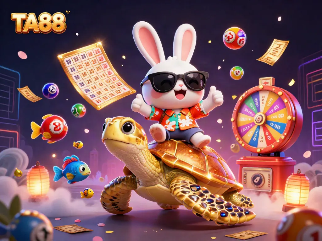 TA88 offers vibrant online gaming, featuring a lucky rabbit and a golden turtle in a dynamic casino scene.