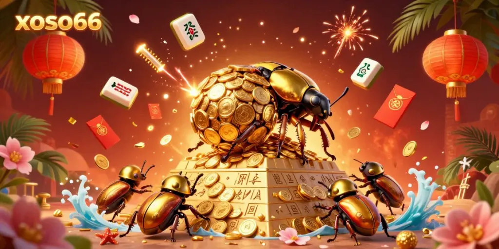 Experience the thrill of xoso66 with vibrant 3D casino elements showcasing golden coins and festive decorations.