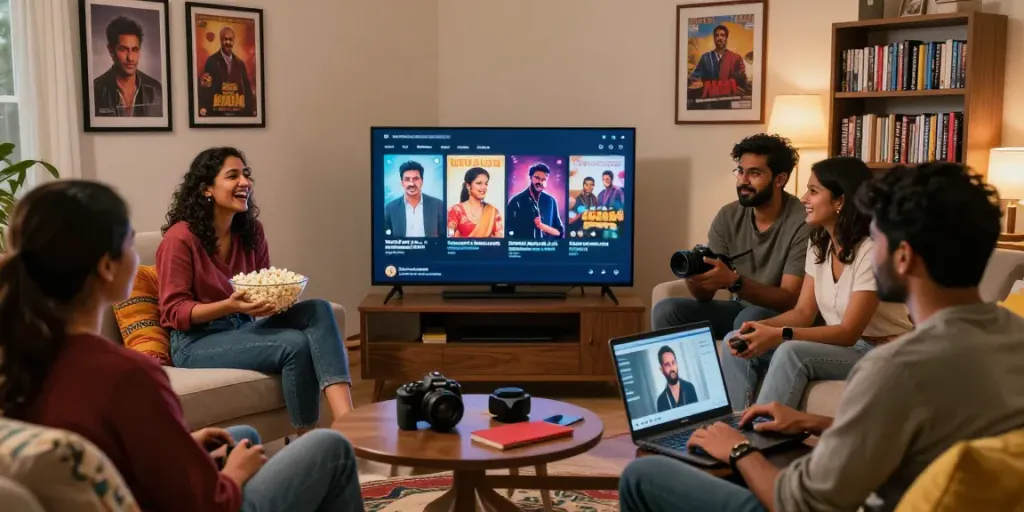 Group enjoying Indian web series on a cozy night, happy2hub atmosphere