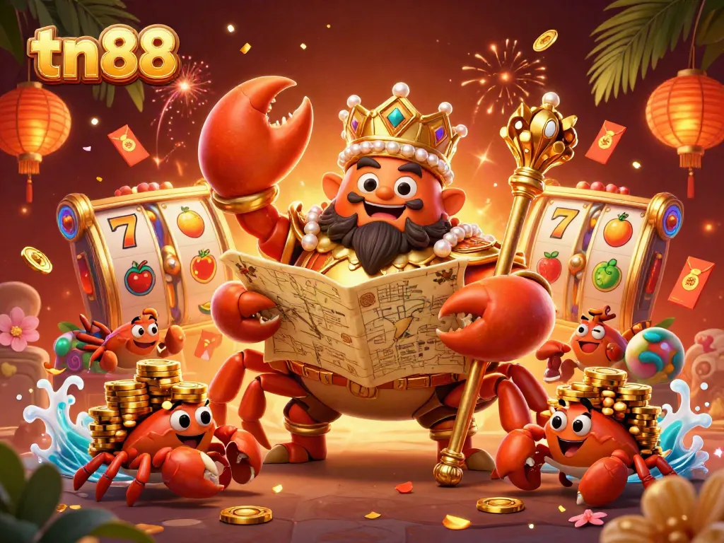 Win big at tn88 with a golden crab emperor overseeing a bustling casino scene full of excitement.