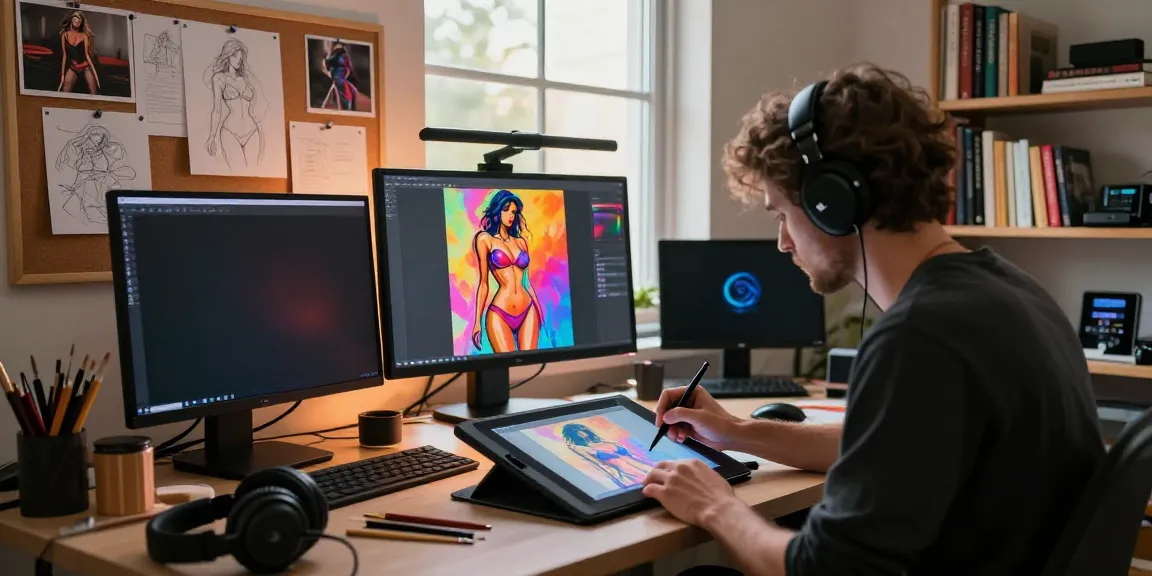 AI porn artist illustrating on a digital tablet in a vibrant studio