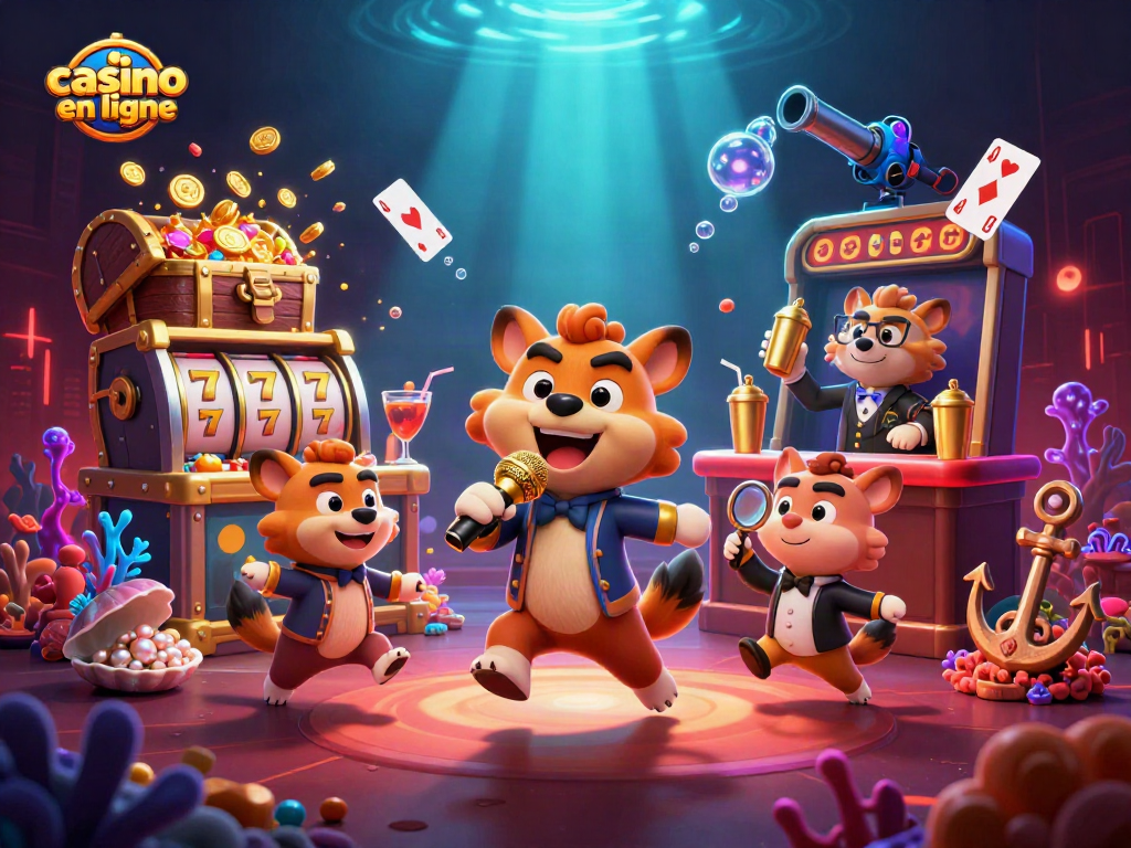 Visualisez l'expérience du casino en ligne avec des hyènes animées et des machines à sous.