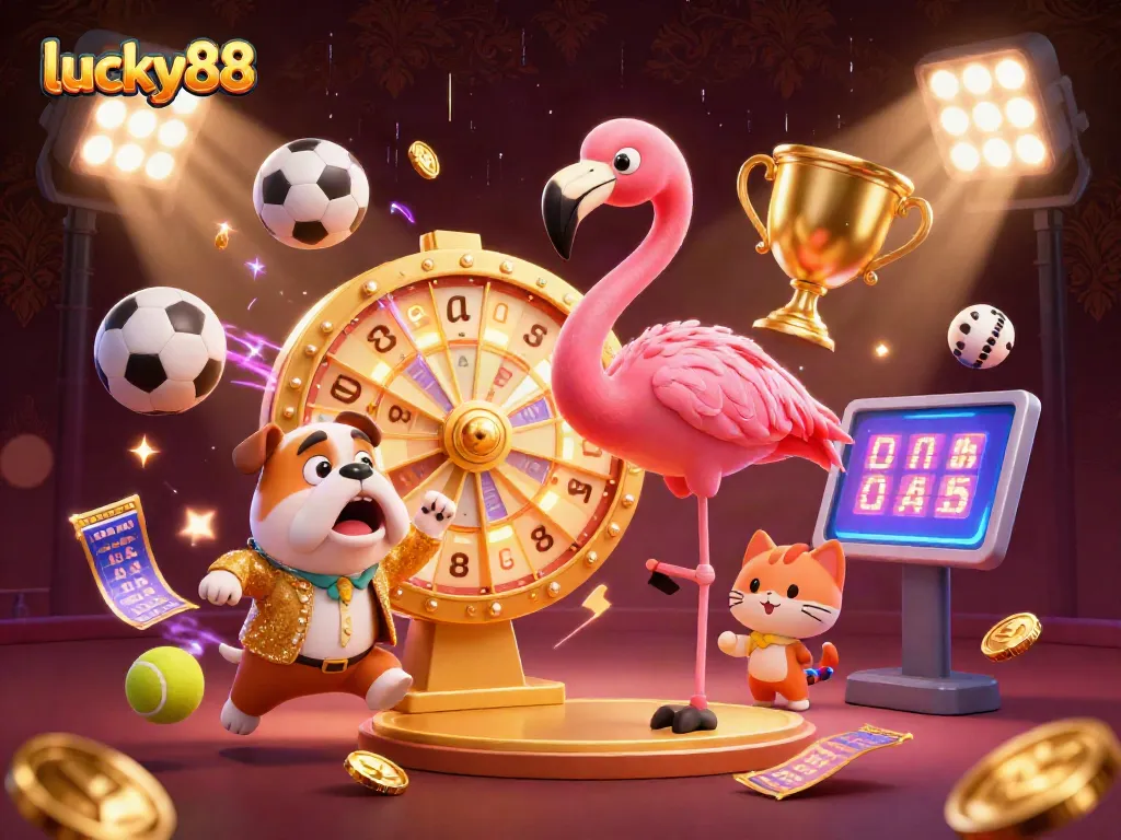 Engage with exciting betting action at lucky88, featuring dynamic characters and sports elements.