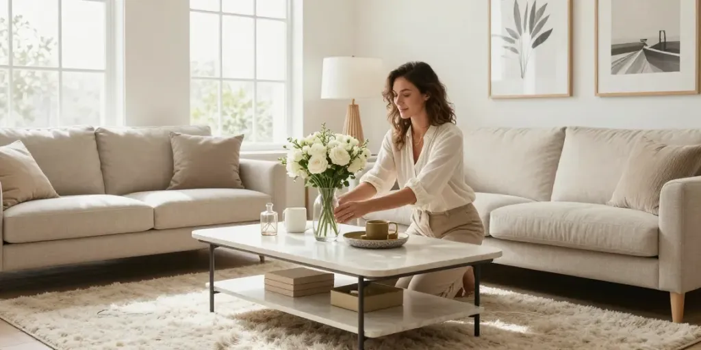 Home The Spruce decorates a warm living room with a stylish sofa table, fresh flowers, and modern decor.