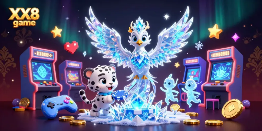 Experience XX8 game with vibrant casino-themed 3D illustration featuring colorful elements and dynamic characters.