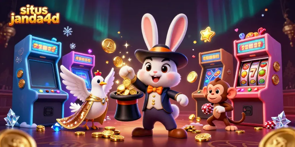 Permainan situs janda4d menampilkan kelincahan karakter kartun dalam kasino digital yang cerah.