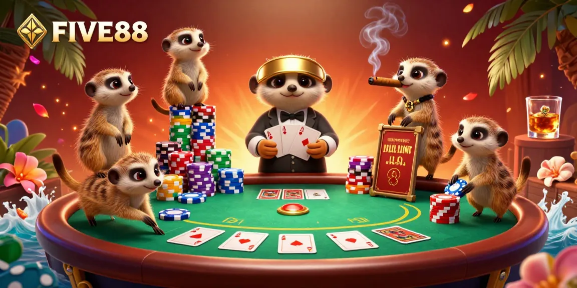 Experience the vibrant gaming action at FIVE88 with playful meerkats running a lively casino.
