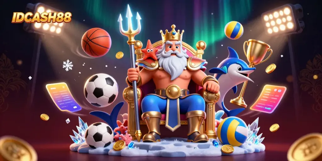 Experience entertainment at IDCASH88 with vibrant sports and gaming-themed digital art.