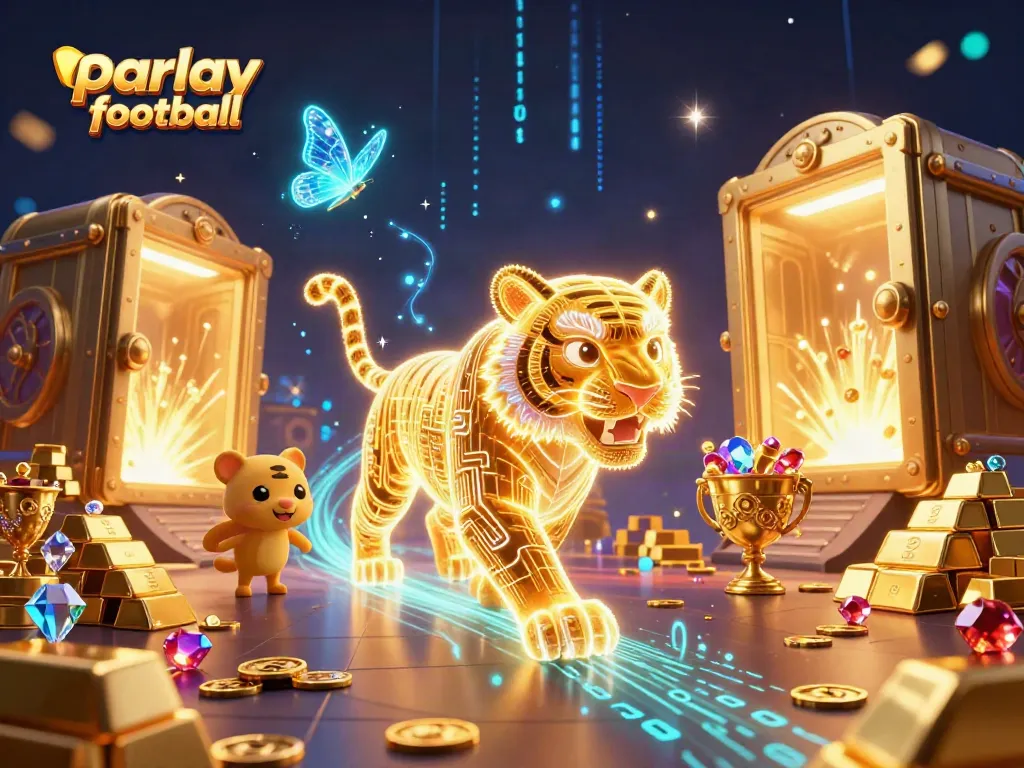 Experience parlay football excitement with a neon-wireframe golden tiger in a vibrant digital casino scene.