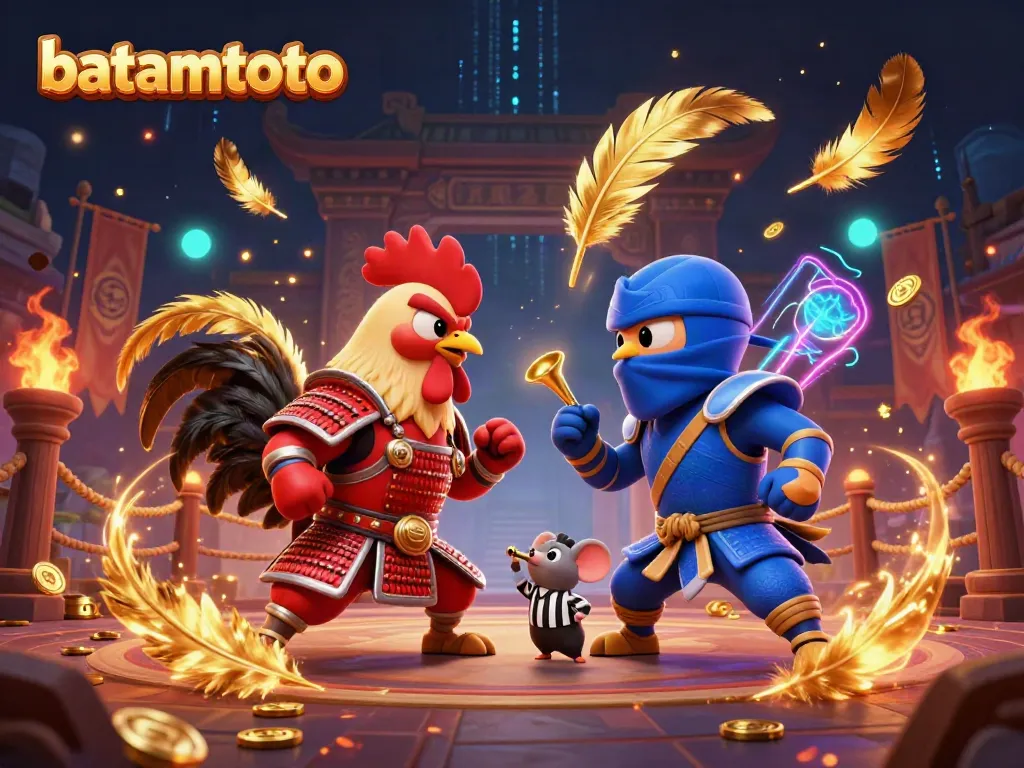 Experience thrilling action in batamtoto as roosters battle in a vibrant 3D arena with golden tokens.