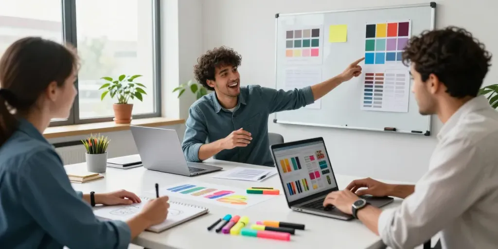 Highlighter pen supplier team brainstorming colorful designs in a bright office