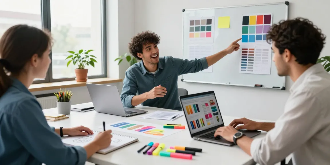 Highlighter pen supplier team brainstorming colorful designs in a bright office