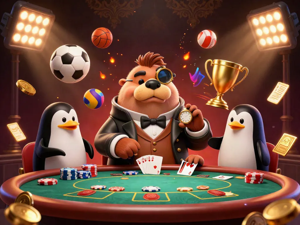 Engaging J88 casino scene with a charming walrus, penguin dealer, and bluffing pufferfish at an underwater poker table.