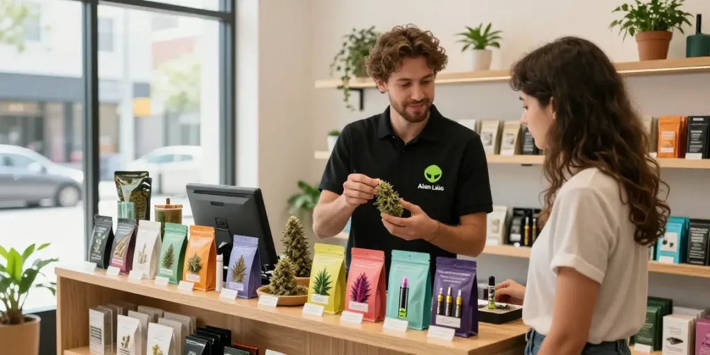 Alien Labs shop displaying premium cannabis products with a welcoming budtender.