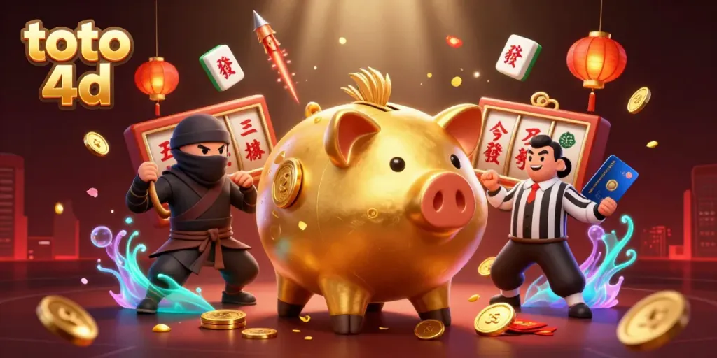 Guncang dunia toto 4d dengan ilustrasi energik karakter kasino yang menampilkan zak piggy bank emas dan ninja kartu