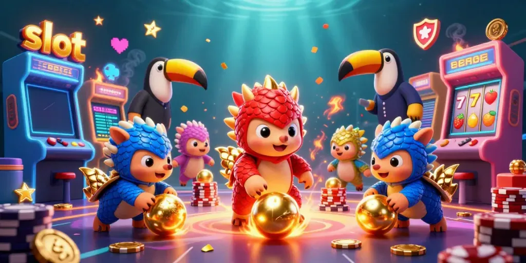 Play engaging slots with vibrant pangolins in a rich casino scene filled with golden coins.