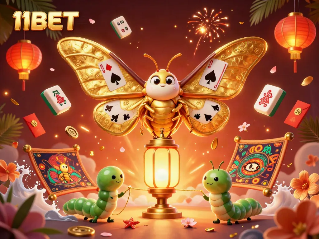 Experience the vibrant 11BET world with a captivating 3D illustration of a majestic moth and casino elements.