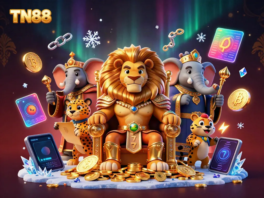 Engage with TN88's casino experiences featuring a lion king, elephant advisor, and cheetah, surrounded by vibrant game elements.