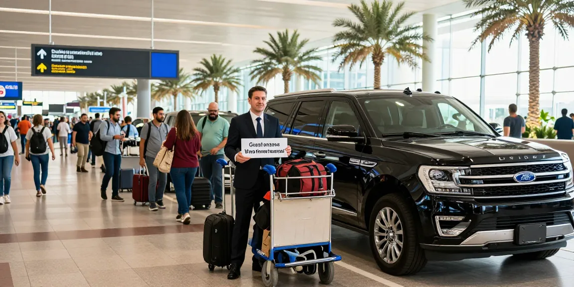 Airport transfers service Dubai with professional chauffeur welcoming a traveler at arrivals.