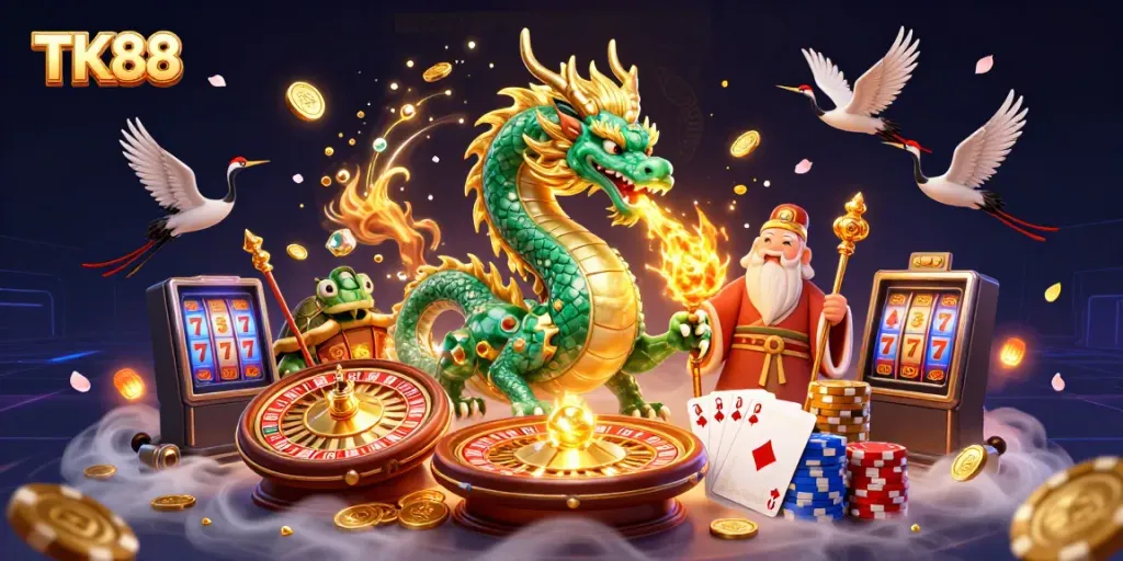 Experience the thrill of gaming at TK88 with a magical scene of joy, luck, and excitement.