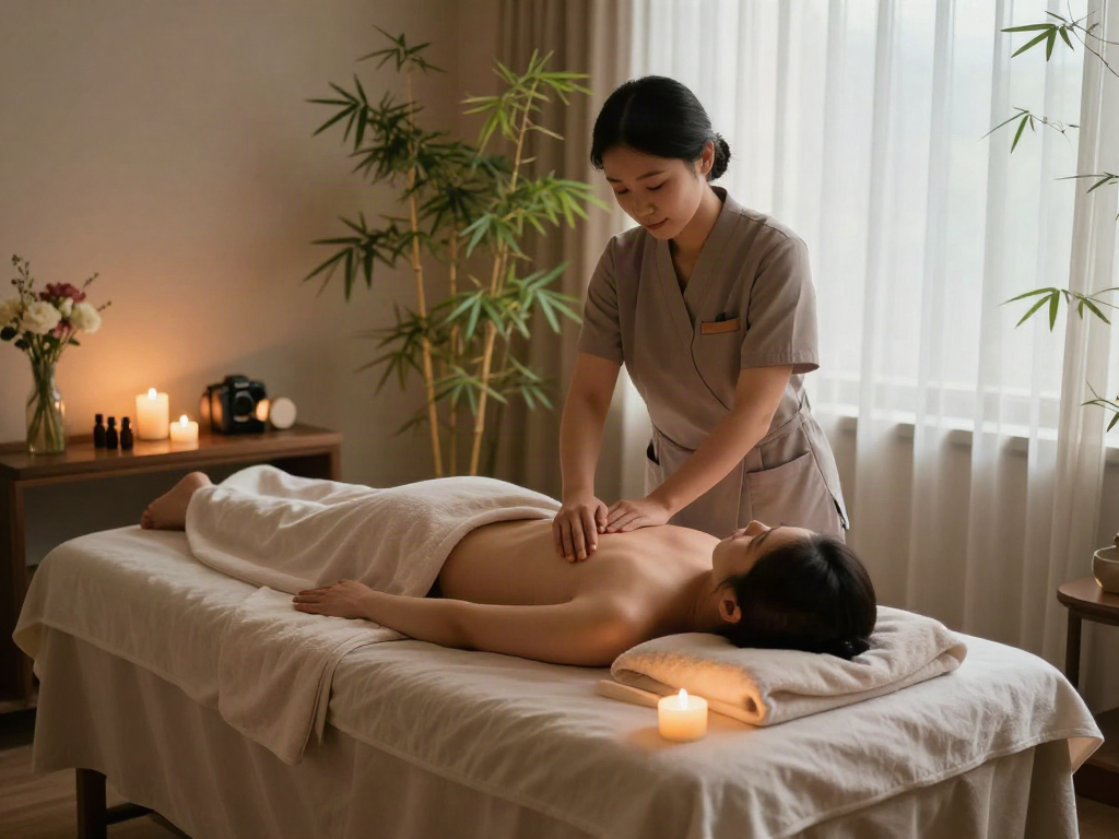 Relaxing 강북출장마사지 scene in a tranquil spa setting with soothing ambiance and essential oils.