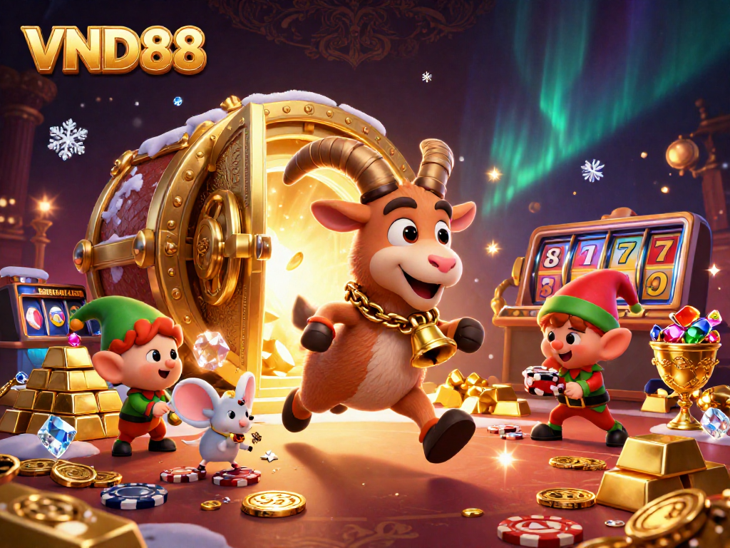 Experience thrilling gaming at VND88 casino with unique characters amidst dazzling treasures.