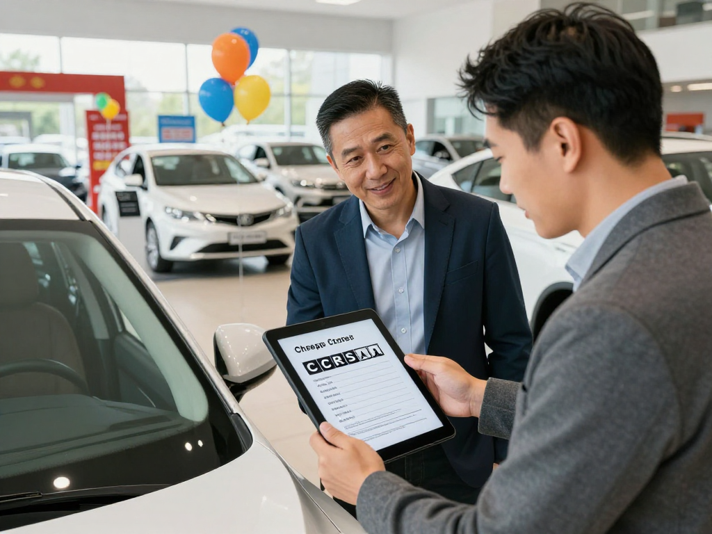 Inspecting a cheap Carfax report while evaluating a vehicle at a dealership.