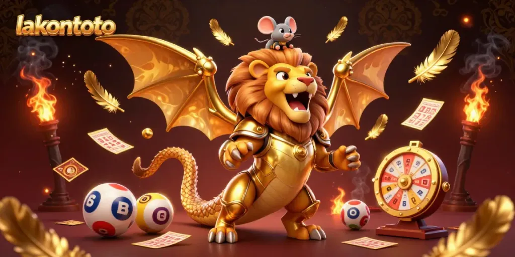 Lakontoto menampilkan karakter chimera 3D di arena lotere yang meriah dan penuh warna.