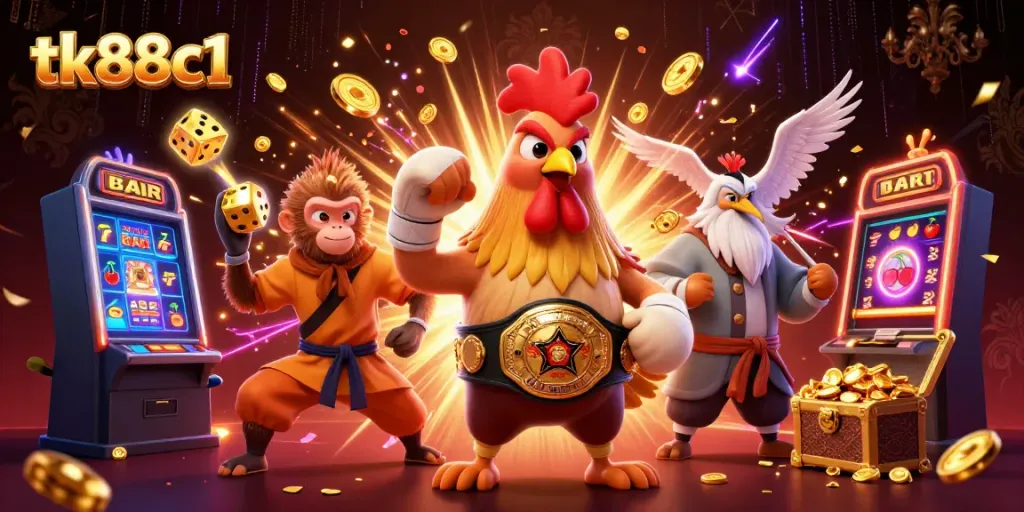 Experience excitement at tk88c1 with a vibrant display of characters amid casino game elements.