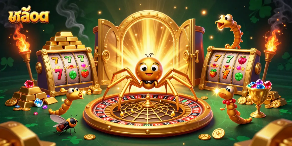 Place bets on สล็อต with a golden spider and centipede in a vibrant casino scene.