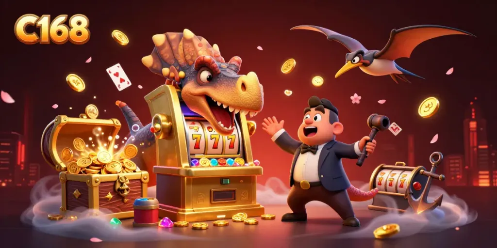 C168: A pachycephalosaurus wins jackpot coins from a golden slot machine in a vibrant casino setting while an ankylosaurus and pteranodon celebrate.
